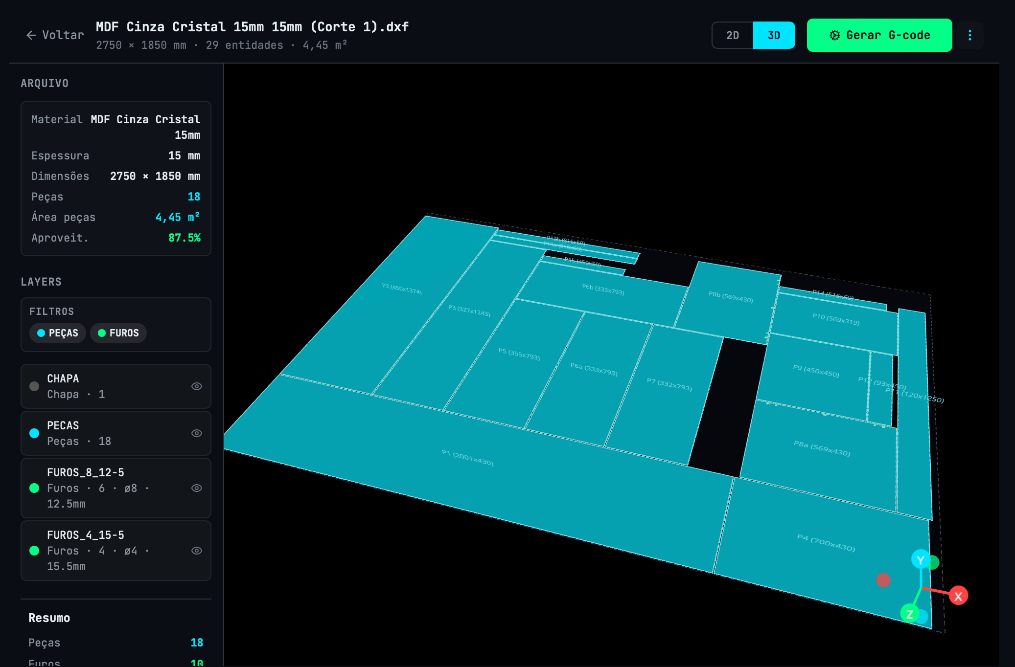 Visualização 3D da chapa com extrusão da espessura real do material